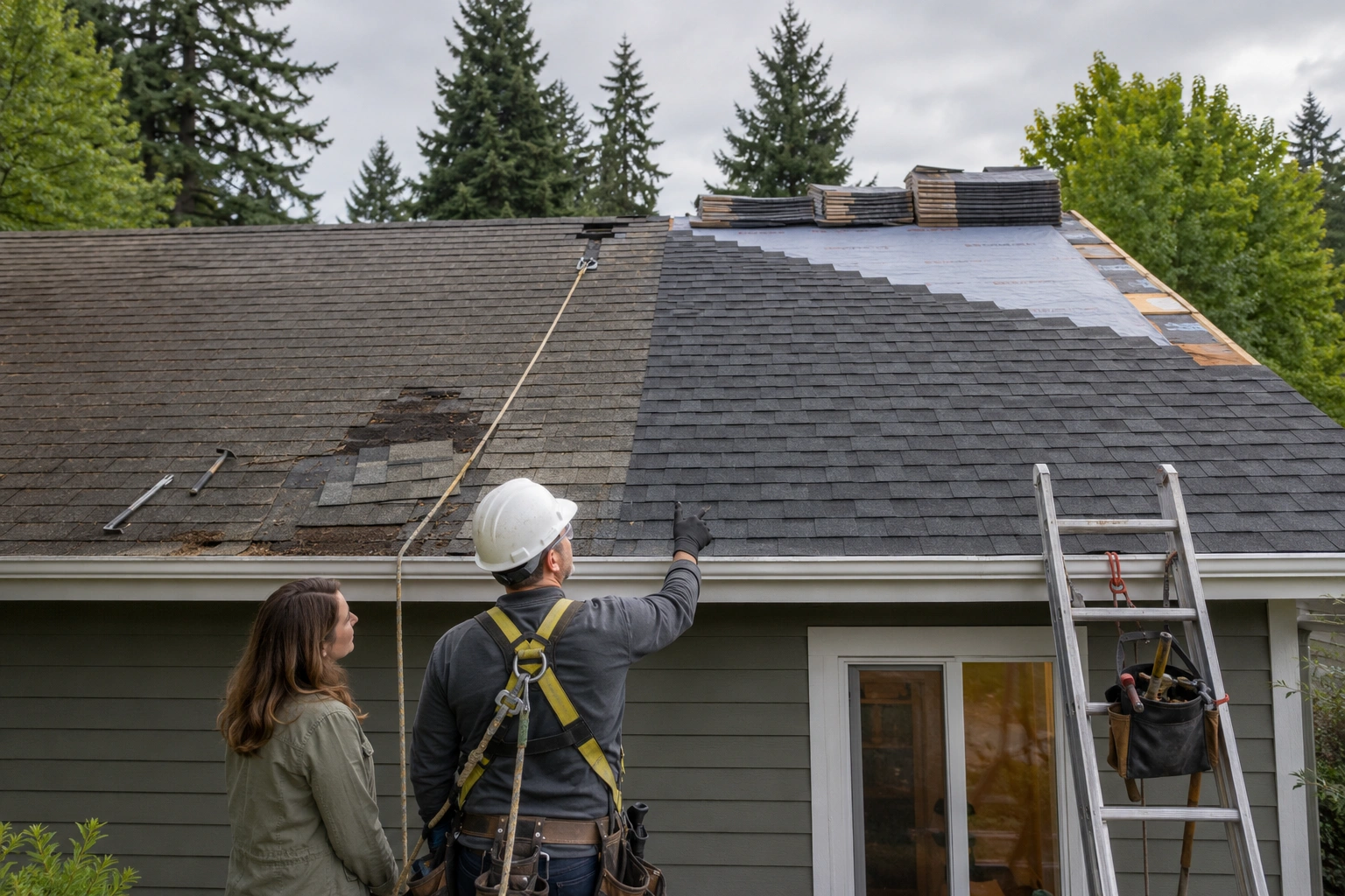 Oregon roofing contractor comparing roof repair and roof replacement options for a residential home.
