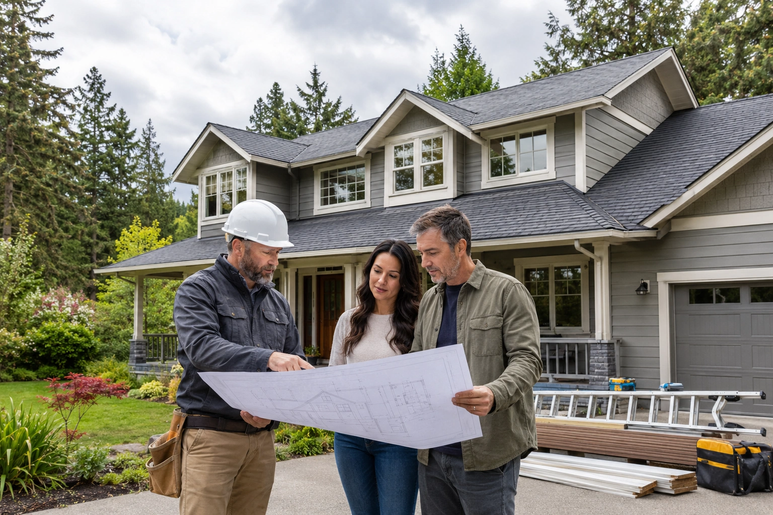 Oregon general contractor discussing an exterior home improvement project with homeowners.