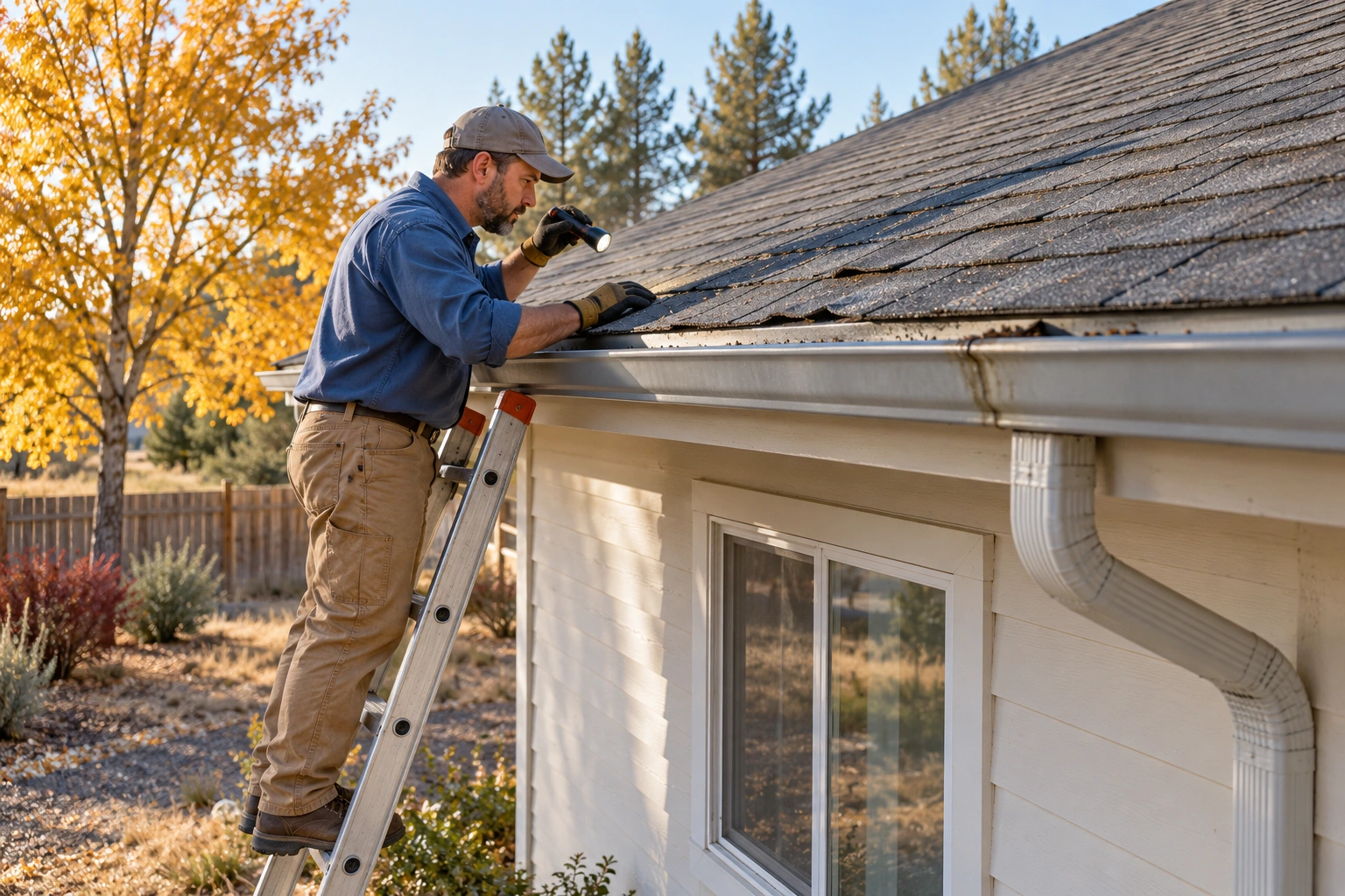 Roof Inspection on an Eastern Oregon home checking shingles, flashing, gutters, and signs of weather damage
