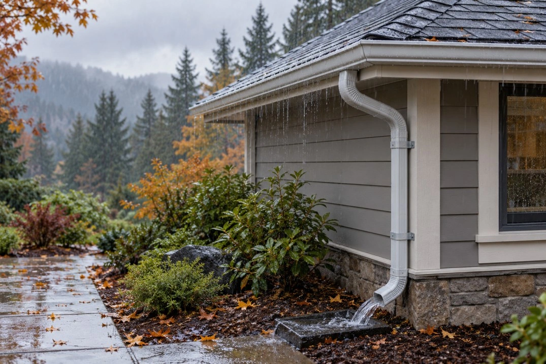 Oregon gutters carrying roof runoff through downspouts during wet seasonal weather