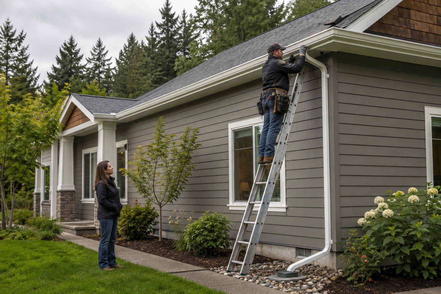 Professional contractor installing gutters on an Oregon home to improve drainage and prevent water damage.