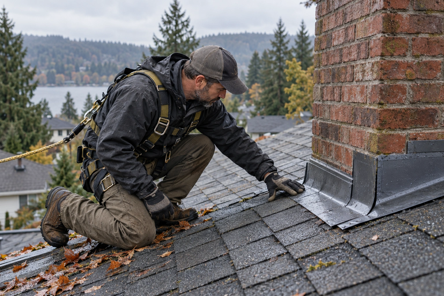 Roofing contractor inspecting asphalt shingles and flashing on an Oregon home after seasonal weather